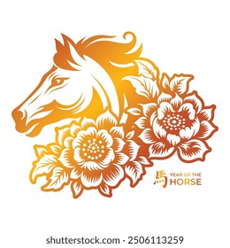 Golden Year of the horse zodiac sign with horse and floral vector illustration. Translation : Horse