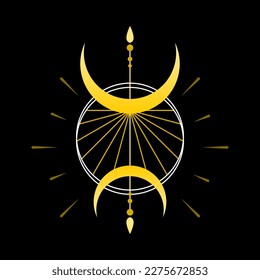 Golden yellow arrow with crescent moon star and line light rays in circle witch magic boho tattoo on black background icon flat vector design