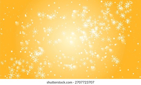 Fondo amarillo dorado con copos de nieve blancos que caen y efecto bokeh. Vector