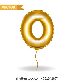 Golden yellow balloon number 0. Isolated on white background. Vector illustration
