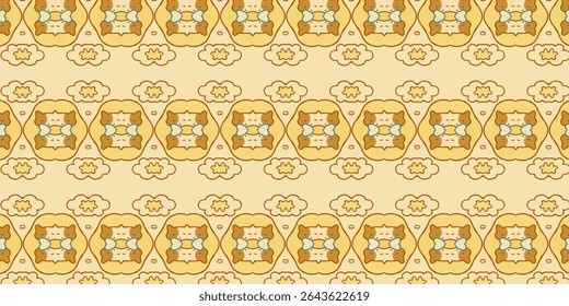 Golden yellow and beige tones form a charming and rustic pattern featuring animal motifs, radiating warmth and nostalgia. Suitable for vintage designs and crafts.