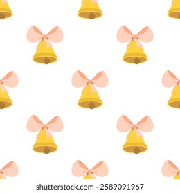 golden yellow bell with pink ribbon seamless pattern, suitable for any festive event christmas, easter, wedding, school, flat cartoon style
