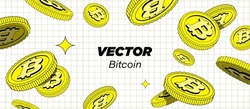 Golden yellow bitcoins are falling or flying in black background in . Cryptography Finance Tsoin Design. Fintech Blockchain. Flat style cartoon illustration. Use for financial illustration or banners.