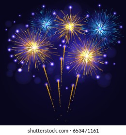 Golden yellow blue vector fireworks over night sky.  4th of July Independence Day, New Year holidays background