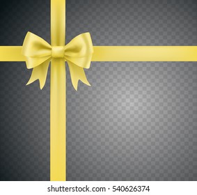 golden yellow bow ribbon knot on transparent grid background. vector decorative design element
