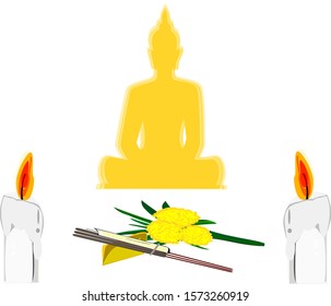 Golden yellow buddha And the offering Flowers, marigolds, joss sticks, candles, background for adding text to decorate the scene