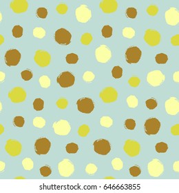 Golden, yellow, chartreuse, brown watercolor hand painted polka dot seamless pattern background. Acrylic ink circles, confetti round texture. Vector illustration, fabric textile, design greeting cards