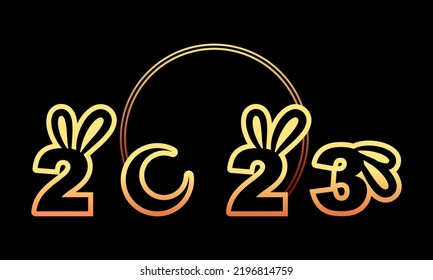 Golden yellow chinese happy new year 2023, year of the rabbit cute bunny with crescent moon on black background flat vector design.