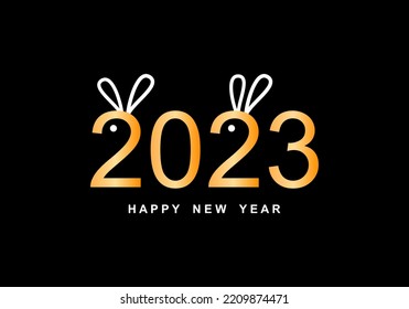 Golden yellow chinese happy new year 2023, year of the rabbit cute bunny on black background greeting card flat vector design.