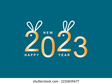 Golden yellow chinese happy new year 2023, year of the rabbit cute bunny on blue background greeting card flat vector design.