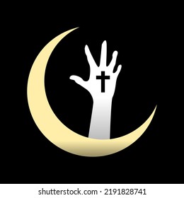 Golden yellow christian cross crucifix with white zombies hand in graveyard on crescent moon Halloween flat icon vector design.