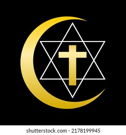 Golden yellow christian crucifix cross in white jewish star of david six pointed and crescent moon on black background boho flat vector icon design.