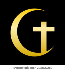 Golden yellow christian crucifix cross on crescent moon black background boho flat vector icon design.