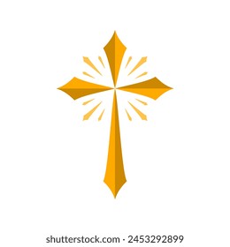 Golden yellow christian crucifix cross religion with light rays flat vector icon design