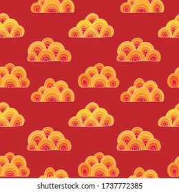 Golden, yellow clouds with white strokes on red background. Hand drawn vibrant vector seamless pattern, oriental style. Colourful print for apparel, textile, fabric, wrapping paper. EPS10, editable. 
