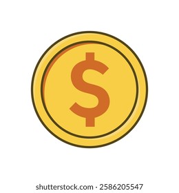 Golden Yellow Coin with Dollar Sign Flat Vector Illustration