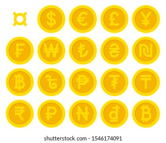 Golden yellow coins with popular currency symbols collection set isolated on white background. Vector illustration 