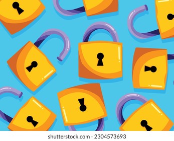 Golden yellow colored padlocks with open and closed form vector illustration pattern isolated on bright blue horizontal background