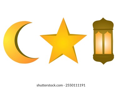 golden yellow crescent moon, star vector and lantern vector. suitable for Islamic designs, Eid al-Fitr, Ramadan, Eid al-Adha, Eid al-Fitr, Islamic celebrations