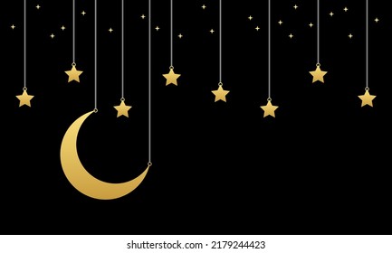Golden yellow crescent moon with stars hanging mystic magic on black background concept sweet dream and good night flat vector design.