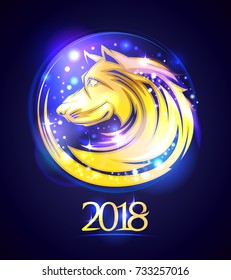 Golden yellow dog portrait illustration, magic 2018 calendar design with stars