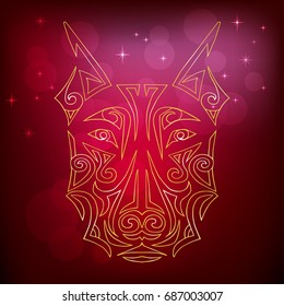 Golden yellow dog's head contour isolated on red background. Symbol of chinese 2018 New Year. Stylized Maori face tattoo. Space Doberman dog. Vector illustration