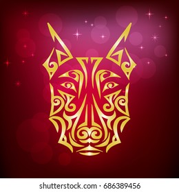 Golden yellow dog's head isolated on red background. Symbol of chinese 2018 New Year. Stylized Maori face tattoo. Space Doberman dog. Vector illustration