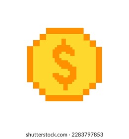 Golden yellow dollar pixels. Computer gaming. Vector illustration.