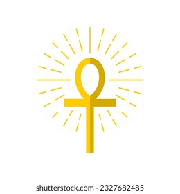 Golden yellow egyptian cross light rays icon flat vector design