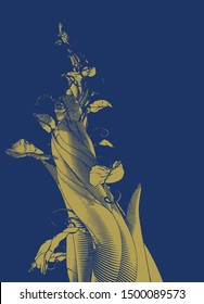 golden yellow engraving drawing the big beanstalk in worm eye view growing to the moon illustration isolated on deep blue background  
