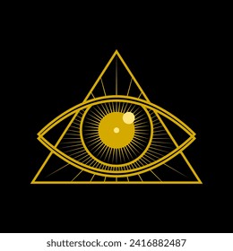 Golden yellow eye of Providence , All seeing eye of god in triangle mysterious magic tattoo on black background outline icon flat vector design