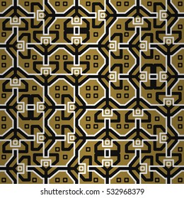 Golden yellow fancy seamless pattern background in maze style. Complex medley repeatable backdrop. Vivid, graphic design for carpet, curtain, web or other purpose. Actual design.