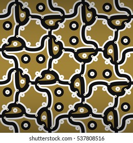 Golden yellow fancy seamless pattern in tissue style. Equable tessellated repeatable backdrop. Bright, symmetric design for wallpaper, game, textile or other purpose.