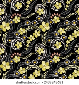 Golden yellow flower, hand drawn, seamless, on black background, designed for fabric, textile, gift wrap.