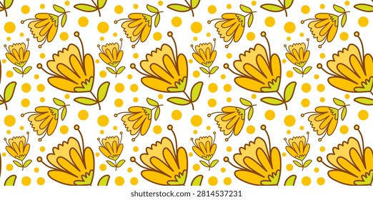 golden yellow flowers and dots decorative seamless pattern repeat