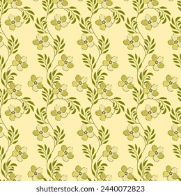 Golden yellow flowers, leaves, hand drawn, seamless, on yellow background, design for fabric, textile, gift wrap.