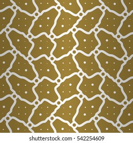 Golden yellow geometric seamless pattern in tracery style. Colored, graphical design for ads, textile, surface or other purpose. Equable mosaic repeatable backdrop. Vector background. Modern tracery.