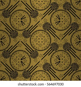 Golden yellow geometric seamless pattern in china style. Modern motif. Hieroglyph translation: Chinese New Year of the Rooster 2017