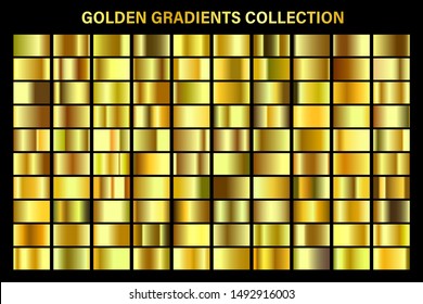 Golden, Yellow Glossy Gradient, Gold Metal Foil Texture. Color Swatch Set. Collection Of High Quality Vector Gradients. Shiny Metallic Background. Design Element.