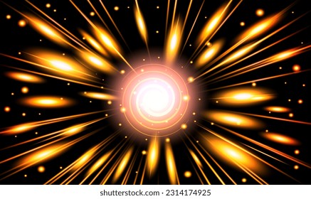 Golden, yellow glowing lines and particles of strong energy, magic in black space. Vector image of a source of yellow super energy radiation in the style of manga and anime.