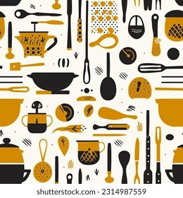 Golden Yellow Grey and Black Kitchen Gadgets and Gardening Tools: Abstract Scandinavian Design Seamless Pattern