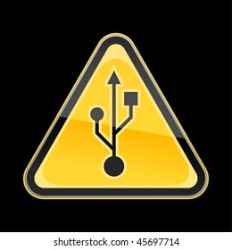 Golden yellow hazard warning sign with usb symbol on black background