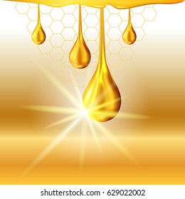 Golden yellow honey light shiny oil drops and empty place for objects. Gradient mesh. Cosmetic lotion or liquid. Vector illustration stock vector.