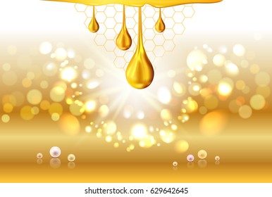 Golden yellow honey light shiny oil drops pearls and empty place for objects. Gradient mesh. Abstract sparkle swirl bokeh light background. Cosmetic lotion or liquid. Vector illustration stock vector.