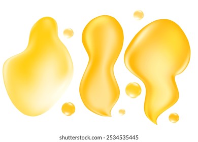 Amostras de colágeno líquido amarelo dourado do soro conjunto isolado, fundo transparente. Formas orgânicas fluidas brilhantes de textura de óleo ou gel, fluindo amostras de forma. Elemento cosmético de decoração de soro derramado.