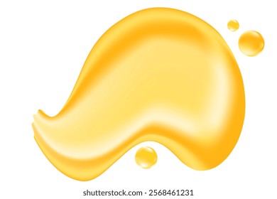 Golden yellow liquid glowing oil or gel texture swatch isolated, transparent background. Fluid organic form sample, sticky honey droplet. Cosmetic spilled collagen serum decoration element.