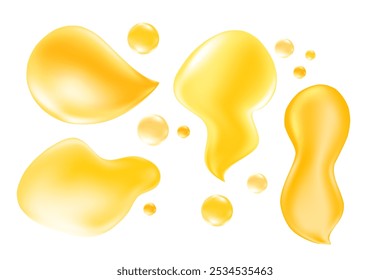 Amarelo dourado líquido mel gota conjunto isolado, fundo transparente. Amostras brilhantes de textura em gel ou óleo. Formas orgânicas fluidas, diferentes amostras de forma. Elemento cosmético de decoração de soro derramado.