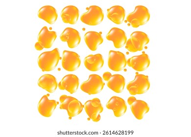 Golden yellow liquid serum swatches set isolated, transparent background. Glowing oil or gel texture droplets. Fluid organic forms, different shape samples. Cosmetic spilled serum decoration element.