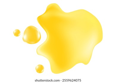 Golden yellow liquid sticky honey droplet isolated, transparent background. Glowing oil or gel texture swatch. Fluid organic form sample. Cosmetic spilled collagen serum decoration element.