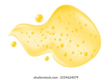 Golden yellow liquid sticky honey droplet isolated, transparent background. Glowing oil or gel texture swatch. Fluid organic form sample. Cosmetic spilled collagen serum decoration element.